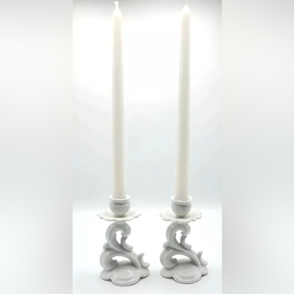 Antique Pair White Porcelain Scroll Candlestick Holders West Germany Bavaria